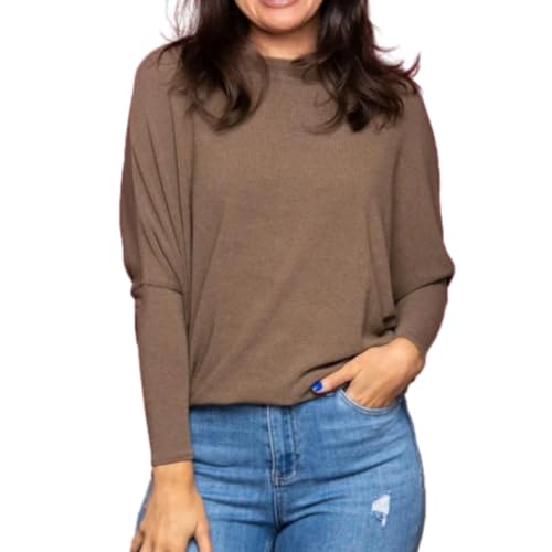 shenyoukong Damen-Oberteil Mit Rundhalsausschnitt Und Fledermausärmeln Für Den Herbst, Lässiges T-Shirt Mit Fledermausärmeln Für Damen, Schlichte Basic-T-Shirts (Braun,L) von shenyoukong