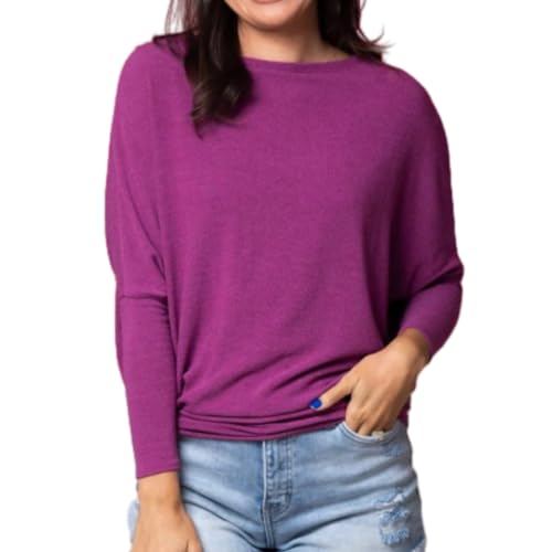 shenyoukong Damen-Oberteil Mit Rundhalsausschnitt Und Fledermausärmeln Für Den Herbst, Lässiges T-Shirt Mit Fledermausärmeln Für Damen, Schlichte Basic-T-Shirts (Lila,2XL) von shenyoukong