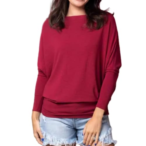 shenyoukong Damen-Oberteil Mit Rundhalsausschnitt Und Fledermausärmeln Für Den Herbst, Lässiges T-Shirt Mit Fledermausärmeln Für Damen, Schlichte Basic-T-Shirts (Rot,3XL) von shenyoukong