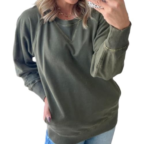 shenyoukong Damen-Pullover Mit Taschen Und Rippenmuster, Lockerer Rundhalspullover Aus Unifarbenem Strick, Gespleißte Pulloveroberteile, Langärmliges, Strukturiertes Freizeit-Sweatshirt (Grün,XL) von shenyoukong