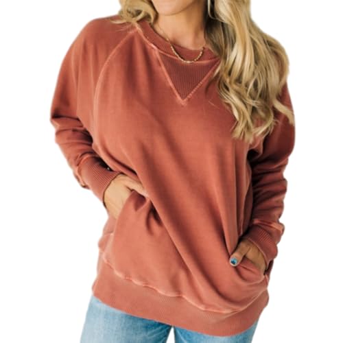 shenyoukong Damen-Pullover Mit Taschen Und Rippenmuster, Lockerer Rundhalspullover Aus Unifarbenem Strick, Gespleißte Pulloveroberteile, Langärmliges, Strukturiertes Freizeit-Sweatshirt (Rot,M) von shenyoukong