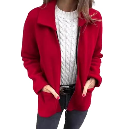 shenyoukong Damen-Strickmantel Mit Reißverschluss Und Taschen, Damen-Strickjacke, Damen-Strickjacke, Langärmlige, Leichte Strickjacke Mit Reißverschluss (XL,Rot) von shenyoukong