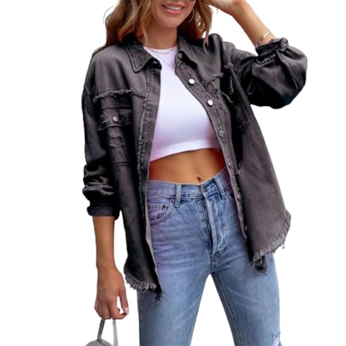 shenyoukong Die Beauty-Jeansjacke, Thebeauty-Jeansjacke, Lässige Jeansjacke Mit Knopfleiste Und Used-Look Für Damen, Jeansjacke Mit Langen Ärmeln Und Taschen (Dunkelgrau,S) von shenyoukong