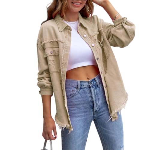 shenyoukong Die Beauty-Jeansjacke, Thebeauty-Jeansjacke, Lässige Jeansjacke Mit Knopfleiste Und Used-Look Für Damen, Jeansjacke Mit Langen Ärmeln Und Taschen (Khaki,M) von shenyoukong