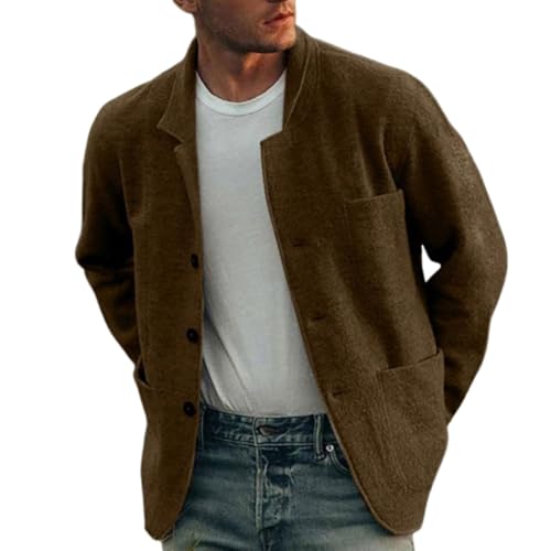 shenyoukong Einfarbiger Freizeitmantel Für Herren, Langärmliger Button-Down-Cardigan Mit Rundhalsausschnitt Für Herren, Langärmlige Leichte Jacken, Hemdjacke Für Herren (Braun,XL) von shenyoukong