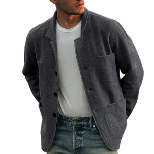 shenyoukong Einfarbiger Freizeitmantel Für Herren, Langärmliger Button-Down-Cardigan Mit Rundhalsausschnitt Für Herren, Langärmlige Leichte Jacken, Hemdjacke Für Herren (Dunkelgrau,XL) von shenyoukong