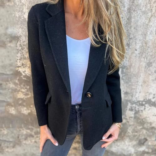 shenyoukong Freizeitblazer, Tweedblazer Für Damen, Offener Anzugblazer Mit Langen Ärmeln Und Einem Knopf Vorne, Freizeitblazer Für Damen Im Business-Stil, Langarmjacken Mit Reverskragen (Schwarz,L) von shenyoukong