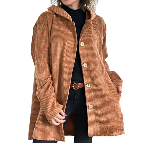 shenyoukong Freizeitjacke Aus Cord, Cordjacke Mit Knöpfen, Lässige Einreihige Kapuzenjacke, übergroße, Einfarbige Kapuzenjacke, Langärmlige Jacke Mit Knöpfen Und Taschen (braun,3XL) von shenyoukong