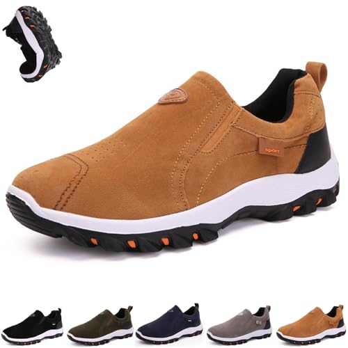 shenyoukong Herren-Outdoor-Sneaker, Orthopädische Sneaker, Freihändige Slipper Für Herren, Walking-Sneaker Mit Fußgewölbeunterstützung, Herren-Sneaker Aus Leder Und Wildleder (Braun,42) von shenyoukong