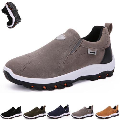 shenyoukong Herren-Outdoor-Sneaker, Orthopädische Sneaker, Freihändige Slipper Für Herren, Walking-Sneaker Mit Fußgewölbeunterstützung, Herren-Sneaker Aus Leder Und Wildleder (Grau,40) von shenyoukong