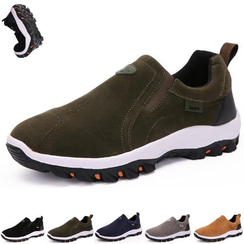 shenyoukong Herren-Outdoor-Sneaker, Orthopädische Sneaker, Freihändige Slipper Für Herren, Walking-Sneaker Mit Fußgewölbeunterstützung, Herren-Sneaker Aus Leder Und Wildleder (Grün,42) von shenyoukong