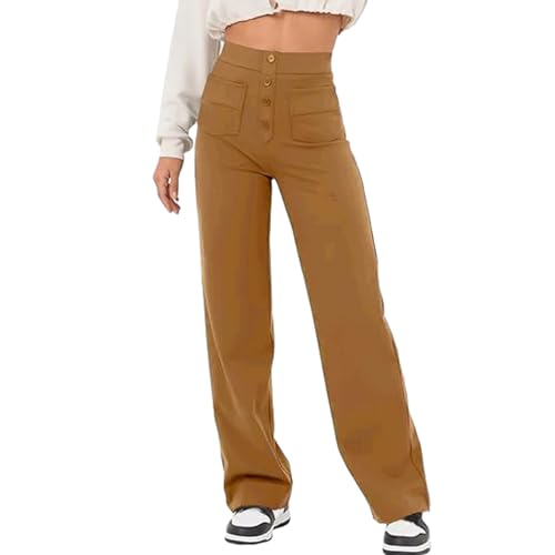 shenyoukong Hohe Elastizität – Freizeithose Mit Hoher Taille Und Geradem Bein, Freizeithose Mit Hoher Taille Und Geradem Bein Für Damen, Arbeitshose Mit Hoher Taille Und Taschen Fürs Büro (Khaki,5XL) von shenyoukong