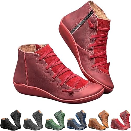 shenyoukong Keilani Damen-Stiefeletten Im Vintage-Stil, Orthopädische Stiefeletten Für Damen, Keilani Damen-Stiefeletten Mit Fußgewölbeunterstützung, Bequeme Stiefeletten Mit Flachem Absatz (Rot,40) von shenyoukong