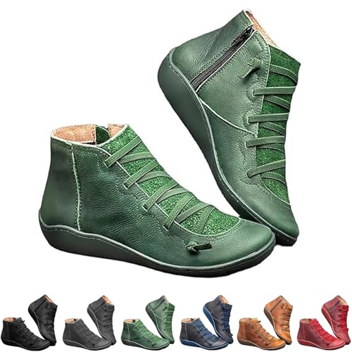 shenyoukong Keilani Damen-Stiefeletten Im Vintage-Stil, Orthopädische Stiefeletten Für Damen, Keilani Damen-Stiefeletten Mit Fußgewölbeunterstützung, Bequeme Stiefeletten Mit Flachem Absatz (Grün,43) von shenyoukong