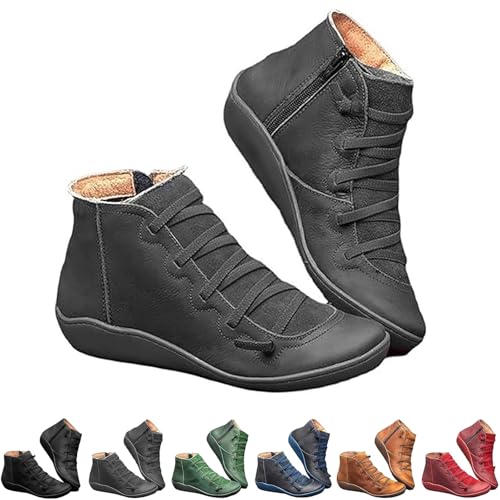 shenyoukong Keilani Damen-Stiefeletten Im Vintage-Stil, Orthopädische Stiefeletten Für Damen, Keilani Damen-Stiefeletten Mit Fußgewölbeunterstützung, Bequeme Stiefeletten Mit Flachem Absatz (Grau,36) von shenyoukong