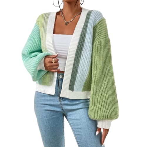 shenyoukong Modischer Strickcardigan Mit Farbblockdesign, Damen-Cardigan Mit Farbblockdesign, Kurze Strickoberbekleidung, Kurze Strickcardigans Mit Farbblockdesign (Grün,2XL) von shenyoukong