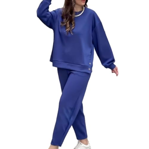 shenyoukong Trendiges, Einfarbiges, Zweiteiliges Damen-Set Aus Oberteil Und Hose, Langärmlige Oberteile, Jogginghosen Mit Kordelzug, Trainingsanzug-Sets, 2-teiliges Lounge-Set Für Damen (blau,L) von shenyoukong