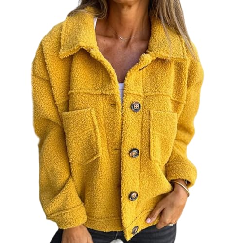 shenyoukong Warme Kurze Jacke Mit Revers Für Damen, Flauschiger Kunstpelz-Fleece-Jackenmantel Mit Revers, Sherpa-Fleece-Jacke Mit Knopfleiste, Warme, Flauschige Oberbekleidung Mit Revers. (Gelb,S) von shenyoukong