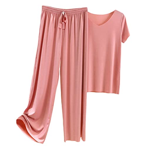 shownicer Damen Pyjama Set Schlafanzüge Zweiteilige Casual Pyjamas Hausanzug Kurzarm Oberteil Lang HoseWeich Nachtwäsche Freizeitanzug A Rosa M von shownicer