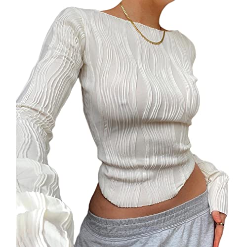 shownicer Damen Rückenfrei T-Shirt Y2K Langarm Crop Top Sexy Rücken Oberteile Y2K Party Cropped Tee Shirts Teenage Aesthetic Mädchen Outfits Rundhals Langarmshirt Streetwear A Weiß L von shownicer