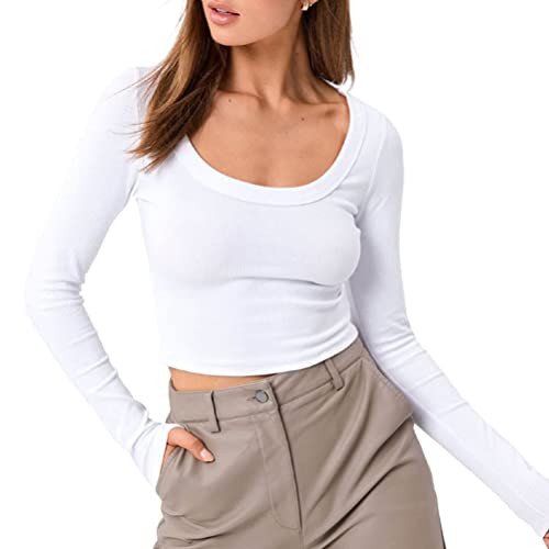 shownicer Damen Rückenfrei T-Shirt Y2K Langarm Crop Top Sexy Rücken Oberteile Y2K Party Cropped Tee Shirts Teenage Aesthetic Mädchen Outfits Rundhals Langarmshirt Streetwear I Weiß S von shownicer