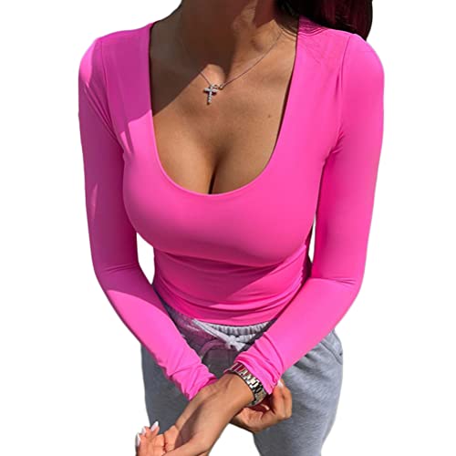 shownicer Damen Rückenfrei T-Shirt Y2K Langarm Crop Top Sexy Rücken Oberteile Y2K Party Cropped Tee Shirts Teenage Aesthetic Mädchen Outfits Rundhals Langarmshirt Streetwear L Rosa S von shownicer