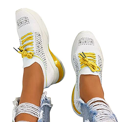 shownicer Damen Sneaker Flach Schuhe Freizeit Schnürer Sportschuhe Outdoor Freizeit Plattform Schuhe Sommerschuhe Turnschuhe Laufschuhe Sneaker Gelb 38 EU von shownicer