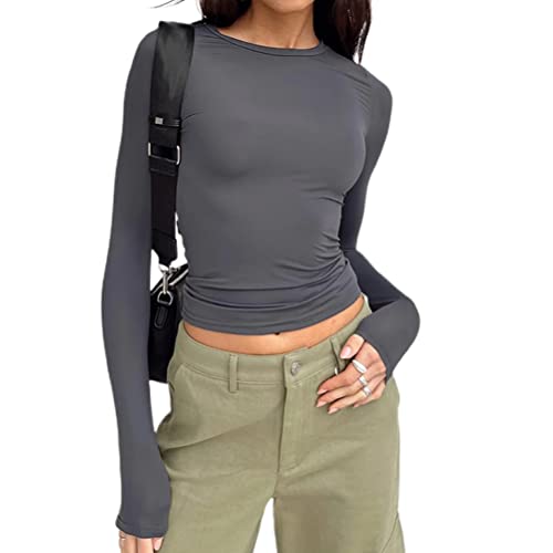 shownicer Damen T-Shirt Y2K Langarm Crop Top Sexy Rücken Oberteile Y2K Party Cropped Tee Shirts Teenage Aesthetic Mädchen Outfits Rundhals Langarmshirt Streetwear C Grau S von shownicer