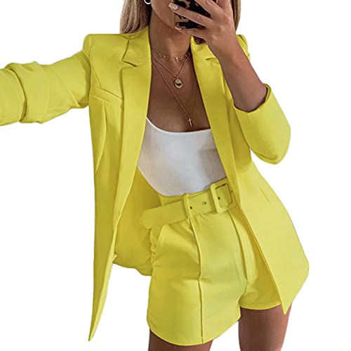 shownicer Damen Zweiteiliger Anzug Set Revers Business Büro Einfarbig Blazer Langarm Anzugjacke Hosenanzug Slim Fit Shorts 2 Stück Anzugsets mit Gürtel Gelb L von shownicer