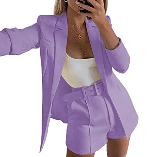 shownicer Damen Zweiteiliger Anzug Set Revers Business Büro Einfarbig Blazer Langarm Anzugjacke Hosenanzug Slim Fit Shorts 2 Stück Anzugsets mit Gürtel Violett M von shownicer