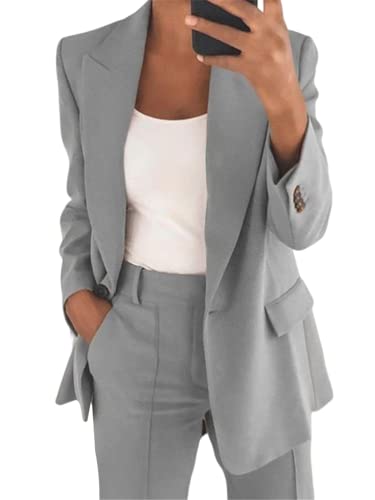 shownicer Hosenanzug Damen Elegant Business Anzug Set Revers Büro Blazer Hose 2-teilig Anzug Zweiteiler Slimfit Festlich Sportlich Streetwear A Grau L von shownicer