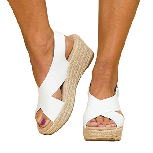 shownicer Plateau Sandalen Damen Espadrilles Casual Keilsandalen Frauen Sommer Faux Leder mit Knöchelriemen Plattform Offene Schuhe Flip Flops Freizeit Sommer Schuhe Weiß 38 EU von shownicer