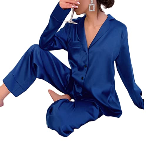 shownicer Schlafanzug Damen Lang Zweiteiliger Schlafanzug Satin Nachtwäsche Nachthemd Pyjama V Ausschnitt 2 Stück Set Loungewear für alle Jahreszeiten A Blau M von shownicer