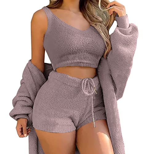 shownicer Schlafanzug Damen Mädchen Dreiteilig Ensembles de Pyjama Warm Coral Fleece Samt Nachtwäsche Kapuzenpullover Jacke Crop Tank Top und Hose 3 Stücke Sets A Dunkelviolett L von shownicer