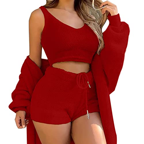 shownicer Schlafanzug Damen Mädchen Dreiteilig Ensembles de Pyjama Warm Coral Fleece Samt Nachtwäsche Kapuzenpullover Jacke Crop Tank Top und Hose 3 Stücke Sets A Rot XS von shownicer