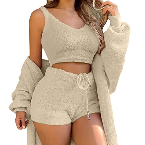 shownicer Schlafanzug Damen Mädchen Dreiteilig Ensembles de Pyjama Warm Coral Fleece Samt Nachtwäsche Kapuzenpullover Jacke Crop Tank Top und Hose 3 Stücke Sets A Weiß L von shownicer