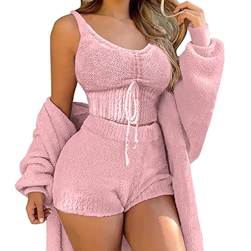 shownicer Schlafanzug Damen Mädchen Dreiteilig Ensembles de Pyjama Warm Coral Fleece Samt Nachtwäsche Kapuzenpullover Jacke Crop Tank Top und Hose 3 Stücke Sets B Rosa M von shownicer