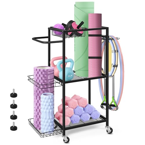 smusei Sportgeräte Ständer, 3 Stufige Yoga Matte Aufbewahrung Metall Hantelständer mit Rollen & 8 Haken, Zuhause Fitnessgeräte Wagen für Yoga Block, kugelhantel, Kettlebells usw, Schwarz smusei Sportgeräte Ständer, 3 Stufige Yoga Matte Aufbewahrung Metall Hantelständer mit Rollen & 8 Haken, Zuhause Fitnessgeräte Wagen für Yoga Block, kugelhantel, Kettlebells usw, Schwarz von smusei