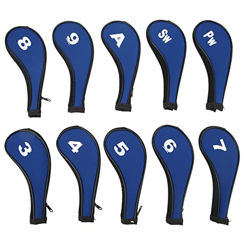 10 Stück Golf-Eisenhüllen mit Nummerndruck, Neopren, mit Reißverschluss, Golfschläger-Eisenhüllen, Golf-Eisenhüllen-Set, Königsblau (Royal Blue Cloth + Black Zipper) von sojupcal