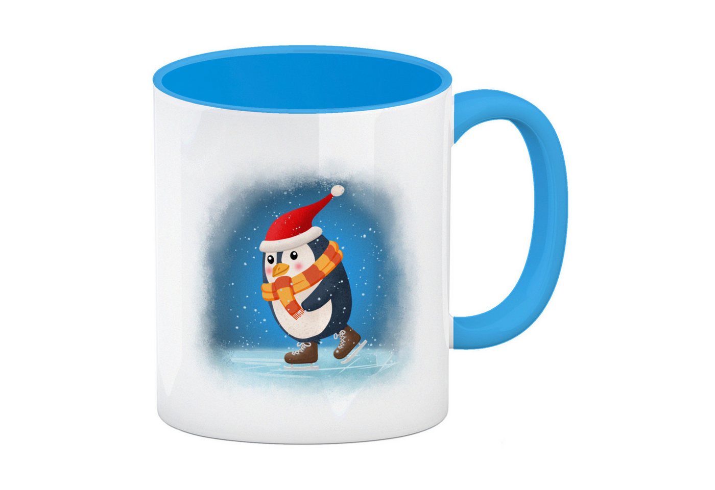 speecheese Tasse Pinguin mit Weihnachtsmütze und Schlittschuhen Kaffeebecher Hellblau von speecheese