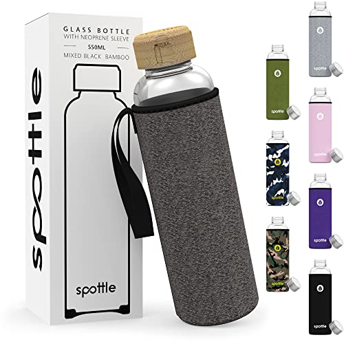spottle® Glasflasche mit Neoprenhülle in 550ml – Schwarz meliert/Bambus von spottle