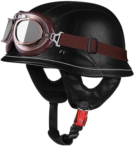 Deutsche Motorrad Halbhelme, Leder Halbschalenhelm Mit DOT/ECE Zertifiziert, Open Face Helm Mit Sonnenbrille Und Herausnehmbares Innenfutter, Jet-Helm Moped Helm Roller-Helm 1,M=57-58CM von stdpcxz