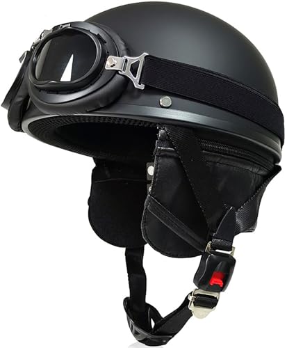 Motorrad Halbschalenhelm Mit DOT/ECE Zertifiziert, Jethelm Retro, Chopper Helm Scooter-Helm Fahrradhelm Mit Schutzbrille Und Schnellverschlussschnallen Für Damen Herren Erwachsene 1,L=59-60CM von stdpcxz