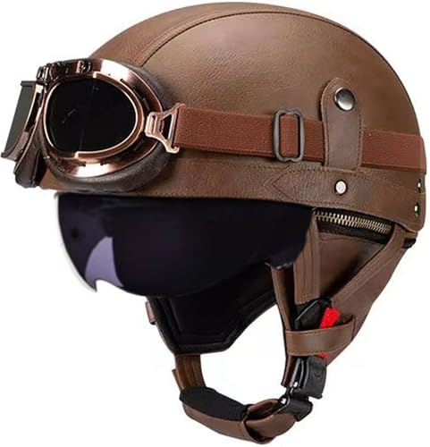 Motorradhelm Halbhelme, PU-Leder Half Helm Mit Sonnenblende, DOT/ECE-Zulassung Retro Halbschalenhelm, Erwachsene Unisex Jethelm, Open Face Helm Für Cruiser Chopper Scooter 10,L=59-60CM von stdpcxz