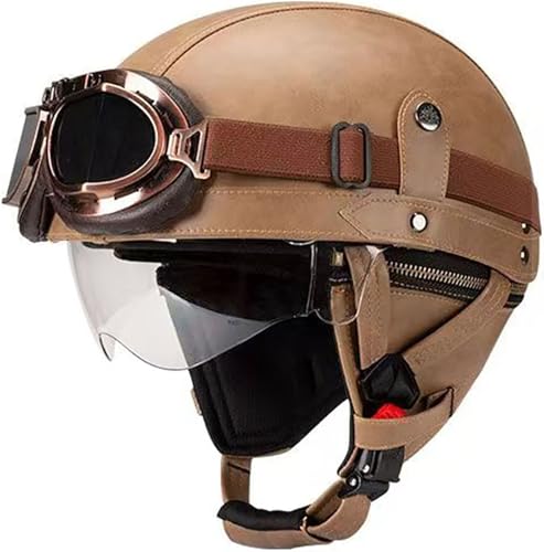 Motorradhelm Halbhelme, PU-Leder Half Helm Mit Sonnenblende, DOT/ECE-Zulassung Retro Halbschalenhelm, Erwachsene Unisex Jethelm, Open Face Helm Für Cruiser Chopper Scooter 5,S=55-56CM von stdpcxz