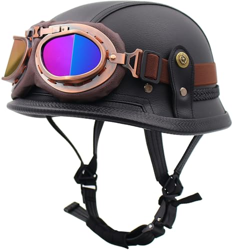 Retro 3/4 Motorrad Halbhelme Motorradhelm Für Herren Und Damen Erwachsene, DOT/ECE-Zertifizierung Leder Jethelm Halbschalenhelm, Moped Scooter Offenem Helm Mit Sonnenblende 2,XXL=63-64CM von stdpcxz