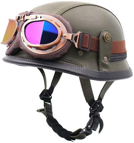 Retro 3/4 Motorrad Halbhelme Motorradhelm Für Herren Und Damen Erwachsene, DOT/ECE-Zertifizierung Leder Jethelm Halbschalenhelm, Moped Scooter Offenem Helm Mit Sonnenblende 4,L=59-60CM von stdpcxz