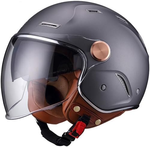 Retro 3/4 Motorrad Halbhelme Motorradhelm Für Herren Und Damen Erwachsene DOT/ECE-Zertifizierung Jethelm Halbschalenhelm Braincap Mit Doppelvisier Moped Scooter Offenem Helm 3,S=55-56CM von stdpcxz