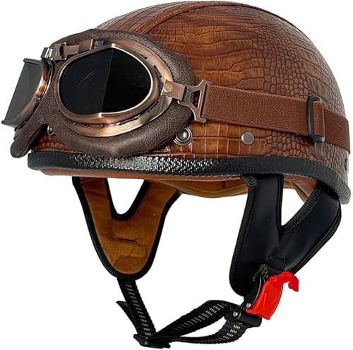 Retro Halbschalenhelm Motorradhelm Lederhelm Jethelme Rollerhelm DOT/ECE-Zulassung Deutschen Stil Motorrad Halbhelm Mit Brille Offenem Helm Mopedhelm Scooter-Helm 15,XL=61-62CM von stdpcxz