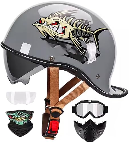 Vintage Motorradhelm Halbhelme Brain-Cap · Jet-Helm Roller-Helm Halbschalenhelm mit ECE-Zertifizierung Scooter-Helm Mofa-Helm Retro Half Helm mit Visier für Cruiser Chopper Biker 10,L=59-60CM von stdpcxz